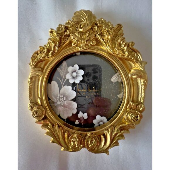 Nicole Miller NY Roses & Feathers Mini Frame 4 x 4 Round Photo Gold Baroque - Picture 8 of 8